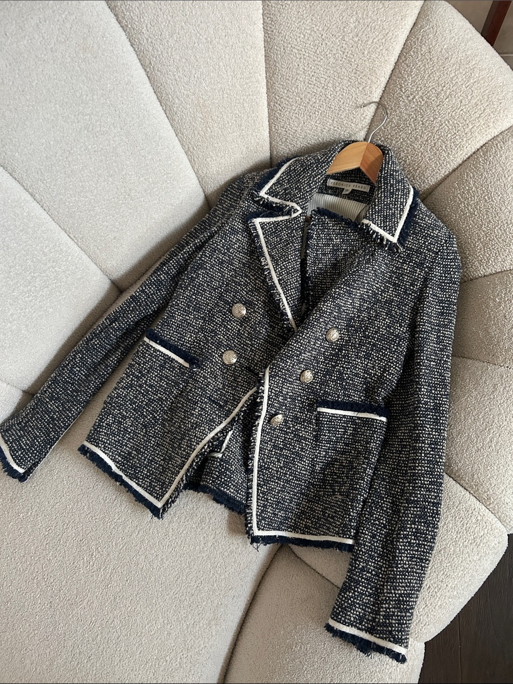 Veronica Beard Navy Tweed Double-Breasted Blazer with White Trim